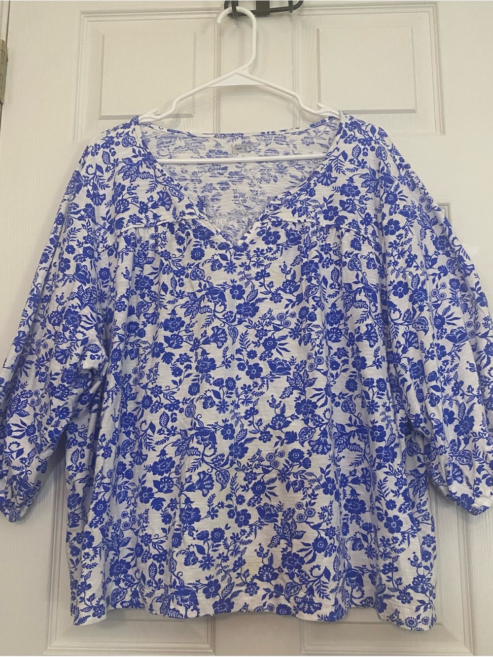 Lands' End White and Blue Floral V-Neck Tunic 3X 100% Cotton